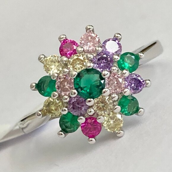 Fruit Salad Cubic Zirconia Halo Ring Rhodium Plated Size 7 8 9 Cocktail Green - Picture 7 of 13